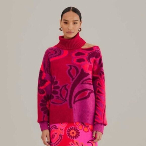 Farm Rio Vibrant Floral Cable Knit Sweater • Pink Botanical Print • Size M - Picture 2 of 8